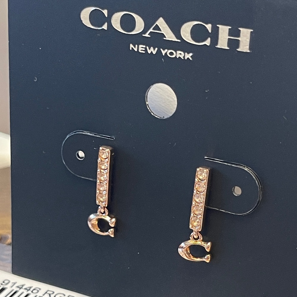 COACH Signature C Pave Bar Stud Earrings in Rose Gold - Picture 10 of 16